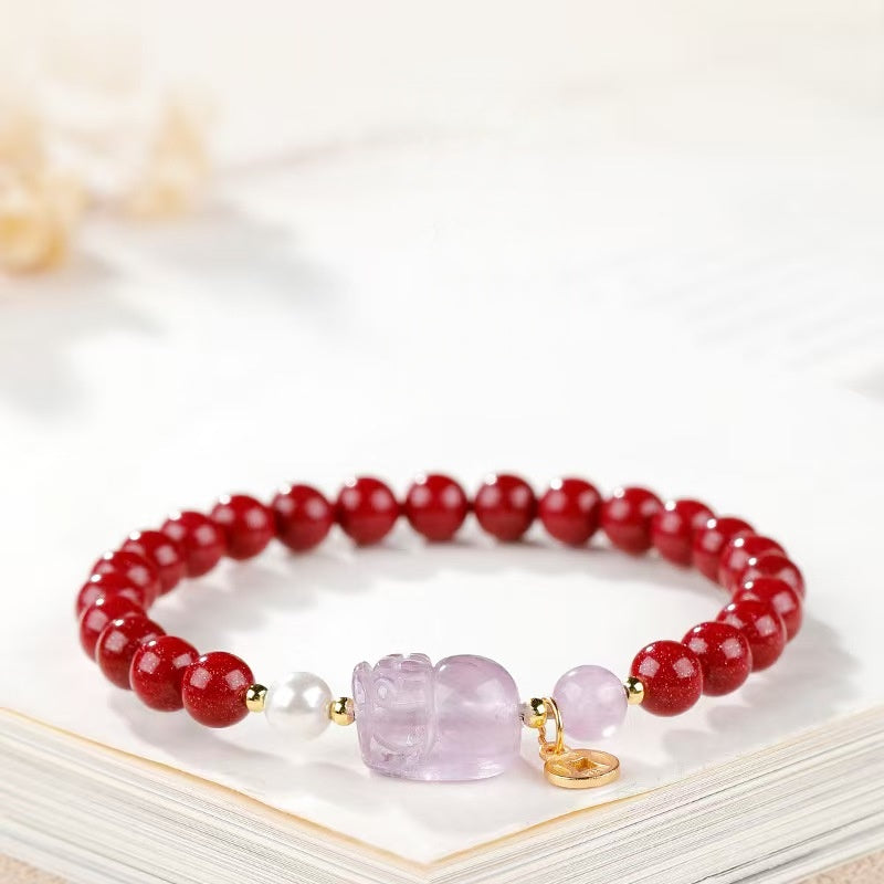 Imperial Amethyst Pixiu & High-Purity Cinnabar Wealth Bracelet