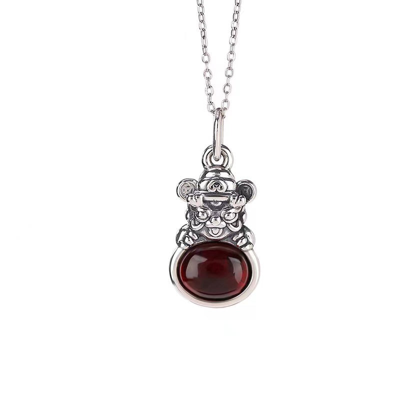 Tsai Shen Red Amber Silver Necklace-Attract Luck