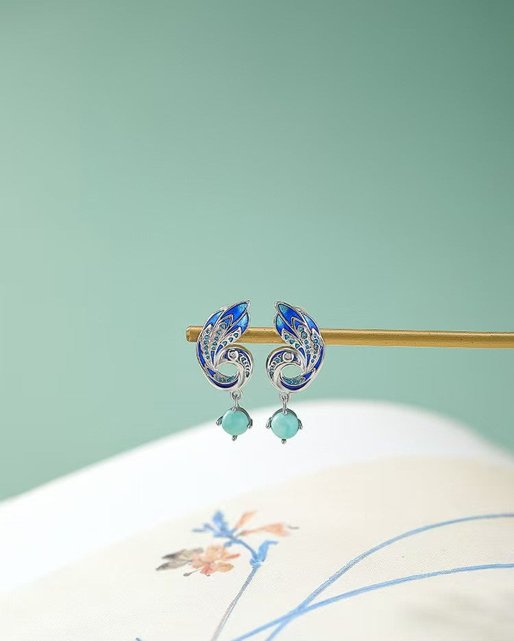 Enamel Phoenix Turquoise Silver Earrings-Protection and Luck