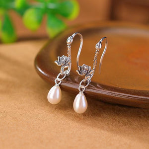 Silver Lotus Flower Pearl Earrings-Peace and Harmony