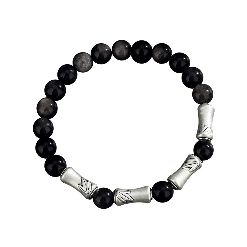 999 Sterling Silver Bamboo Bracelet – Black Obsidian Men’s Bracelet for Success & Steady Growth