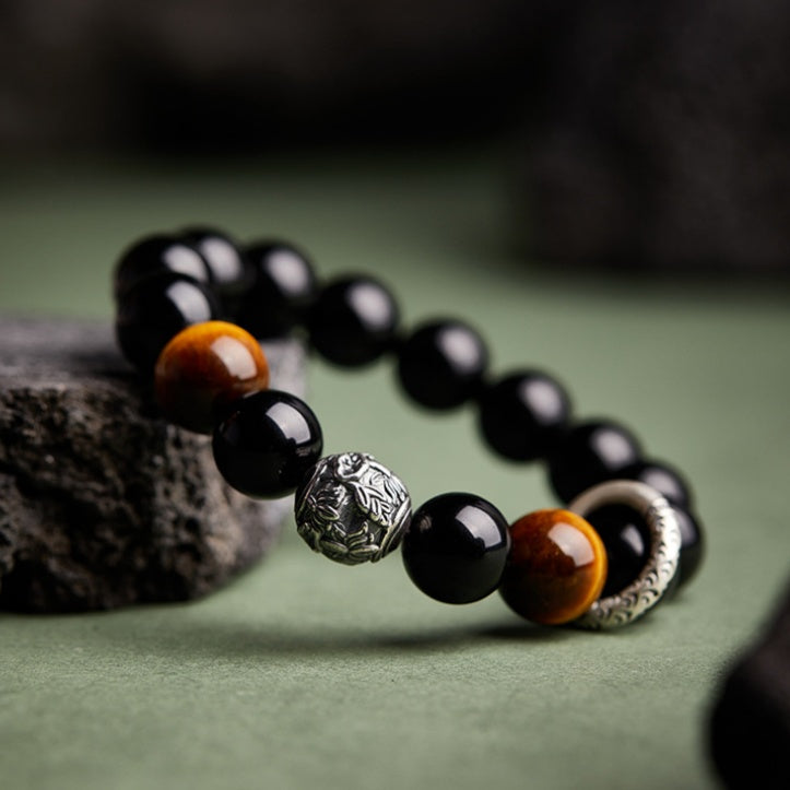 Peace Buckle Obsidian and Tiger's Eye Beaded Bracelet-Harmonious Strength