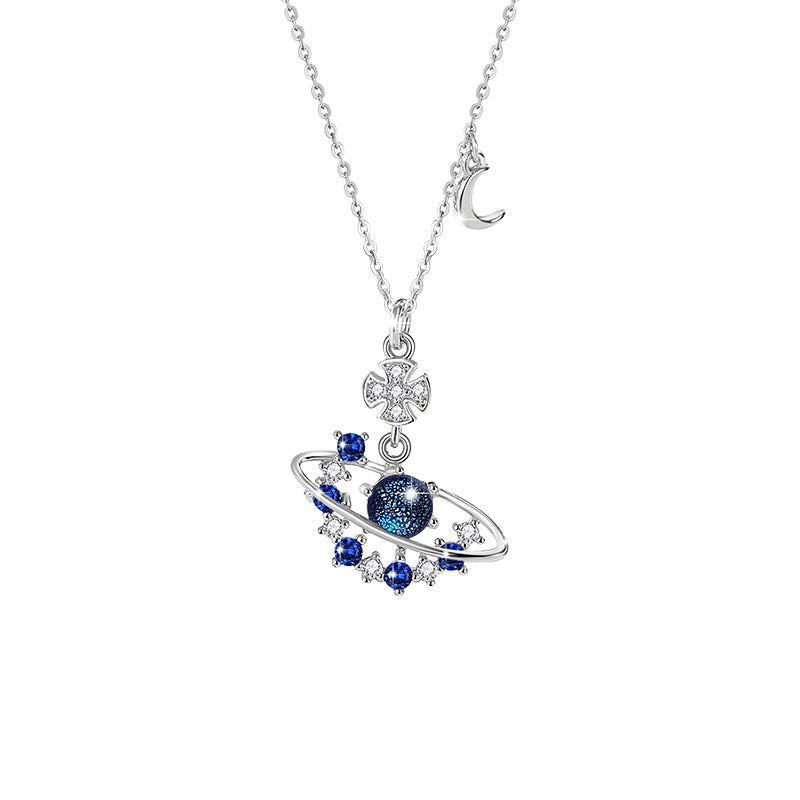 Saturn and Crescent Moon Sterling Silver Necklace-Deeply Devoted
