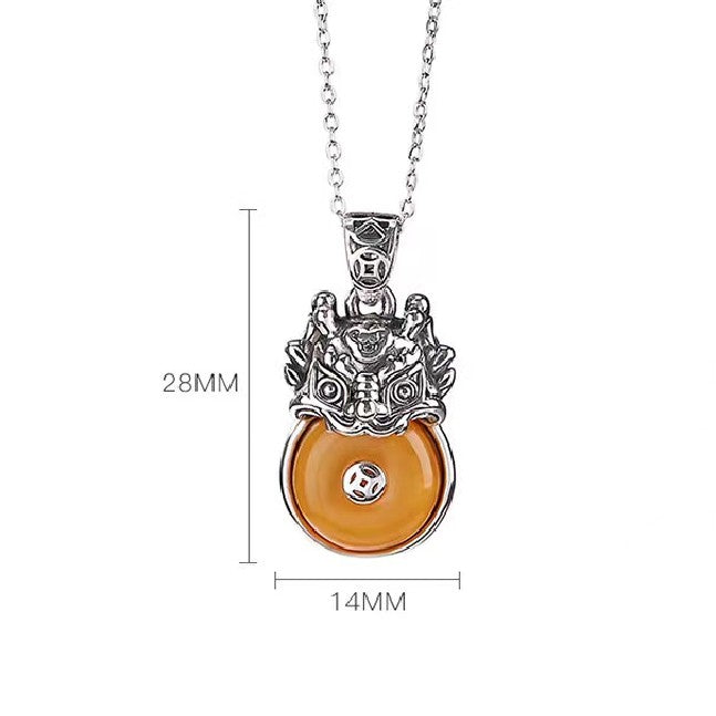 Zodiac Dragon Amber Silver Necklace-Luck Prosperity