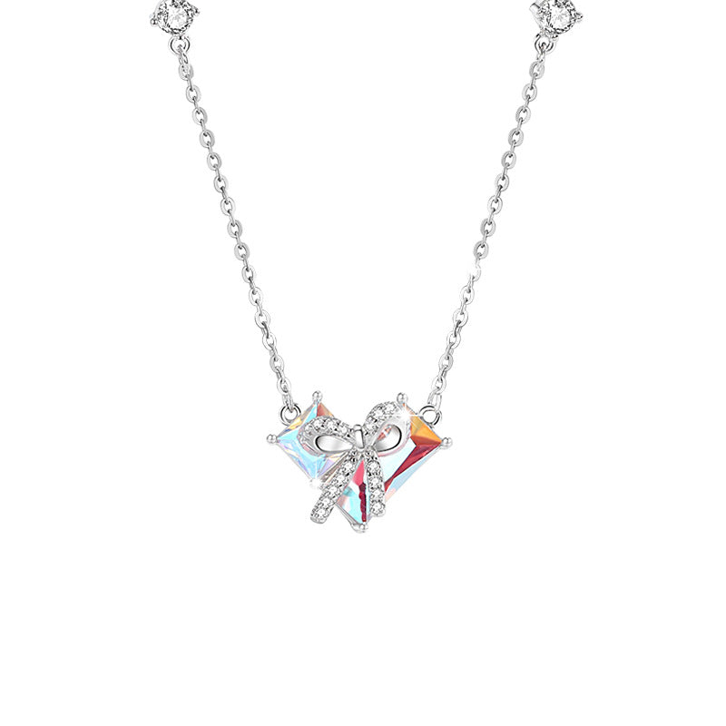 Bow and Heart Sterling Silver Necklace-Sweet Romance