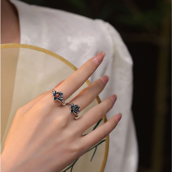 Graceful Harmony-Lotus S925 Silver Adjustable Ring