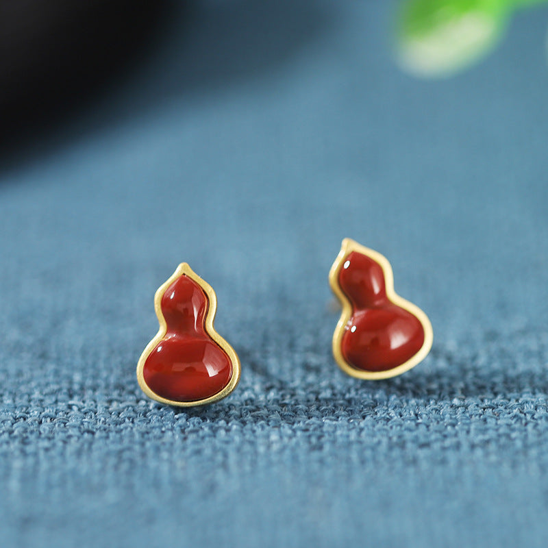 Gourd Nephrite Jade & Red Agate Stud Earrings-Blessings Close By