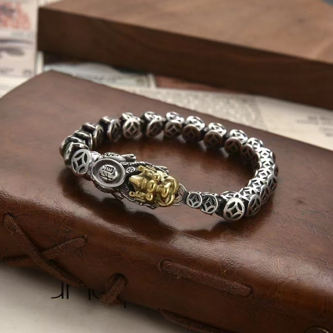 Vintage Silver-Plated Pixiu Coin Bracelet – Bold Design for Wealth & Protection