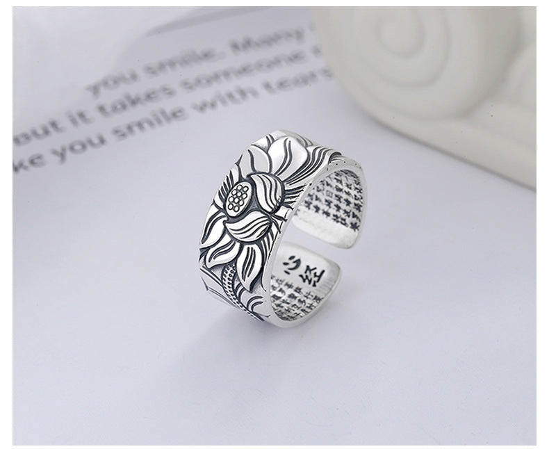 Lotus Carved Sterling Silver Ring – Heart Sutra Engraved Design