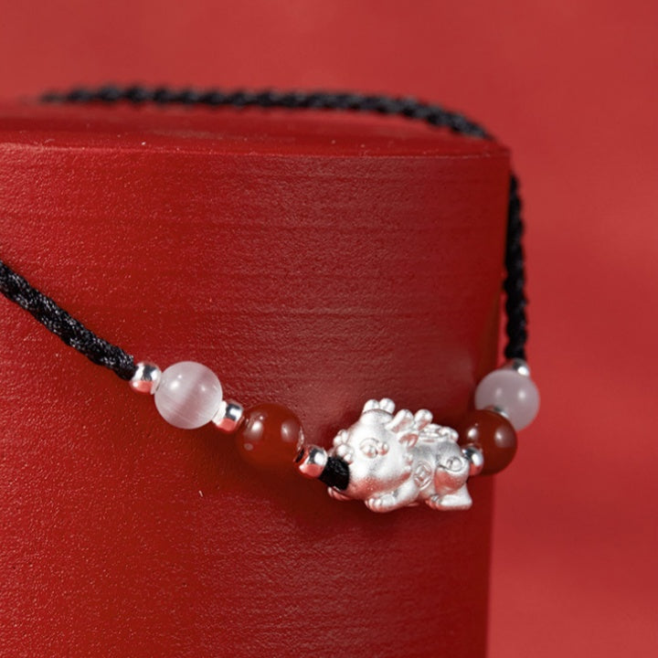 Pixiu Obsidian and Red Agate Braided Couple Necklace Set-Good Fortune Ahead