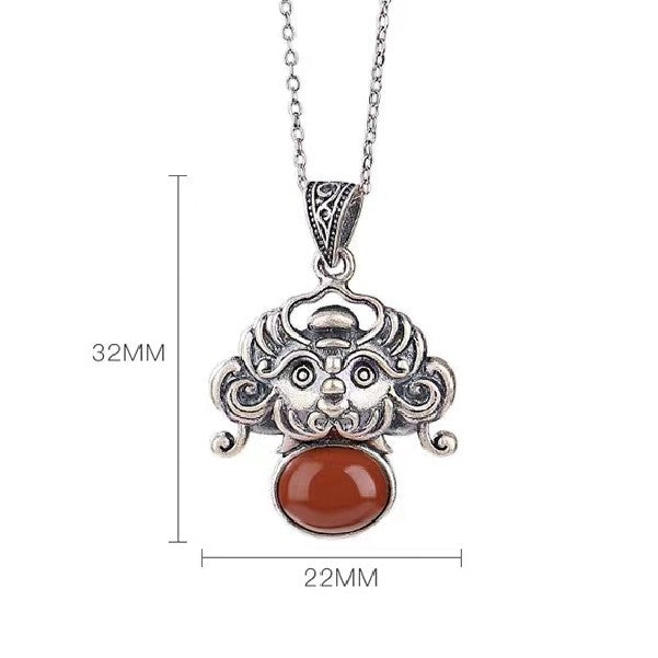 Zodiac Dragon Red Agate Silver Necklace-Luck Prosperity