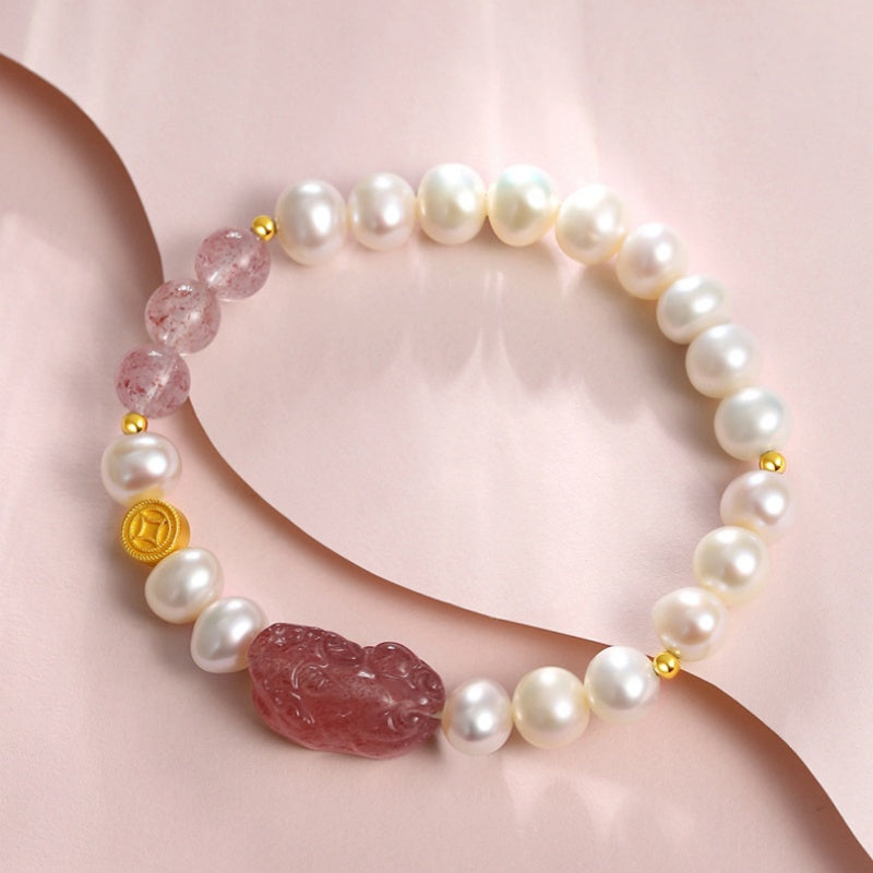 Love & Possibility-Pixiu Strawberry Quartz & Freshwater Pearl Bracelet