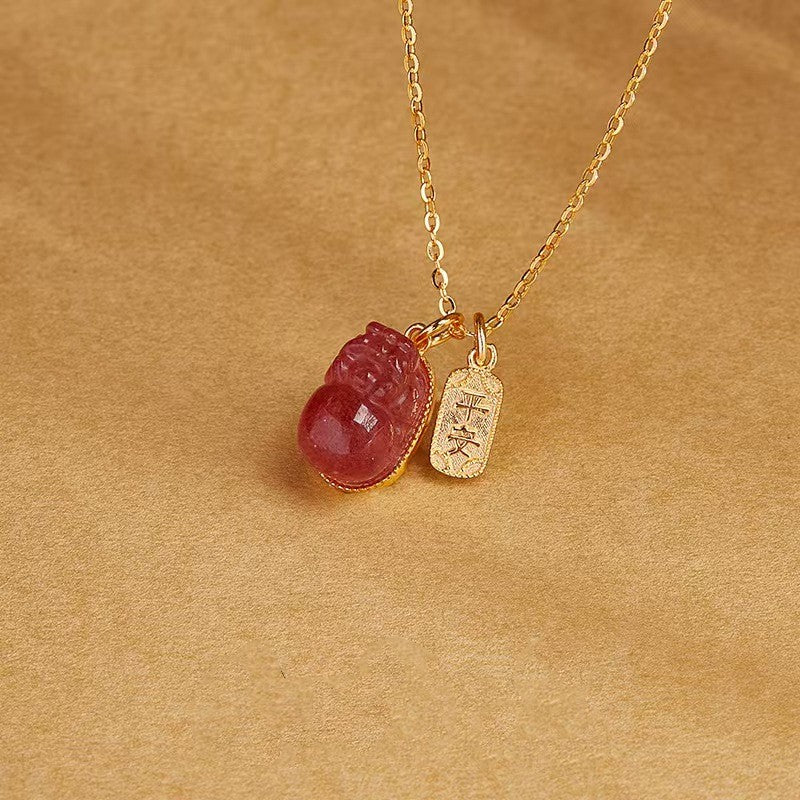 Strawberry Quartz Pixiu & Peace Amulet Pendant Necklace -Attract Luck& Peace