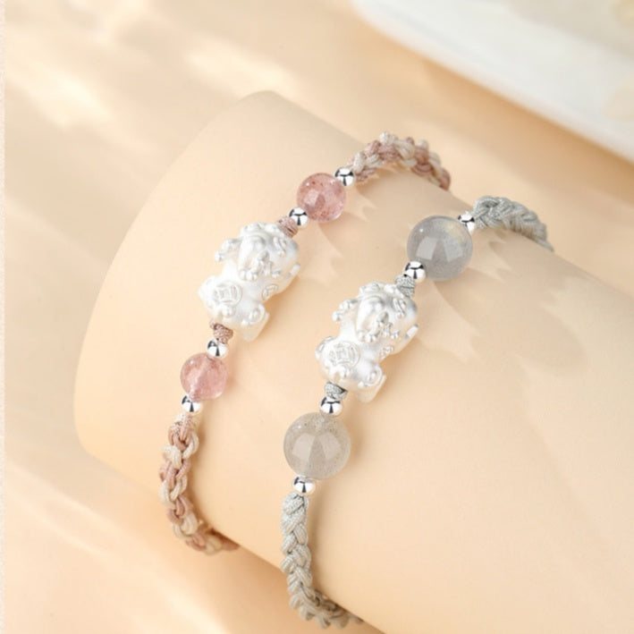 Pixiu Strawberry Quartz Grey Moonstone Couple Cord Bracelet-Joyful Blessing