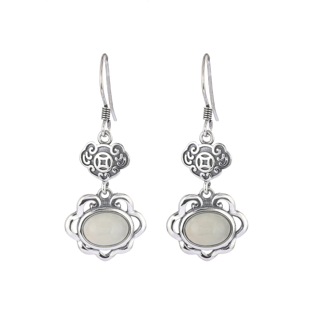Auspicious Cloud Nephrite Jade or Red Agate S925 Silver Earrings-Wishes for Good Days