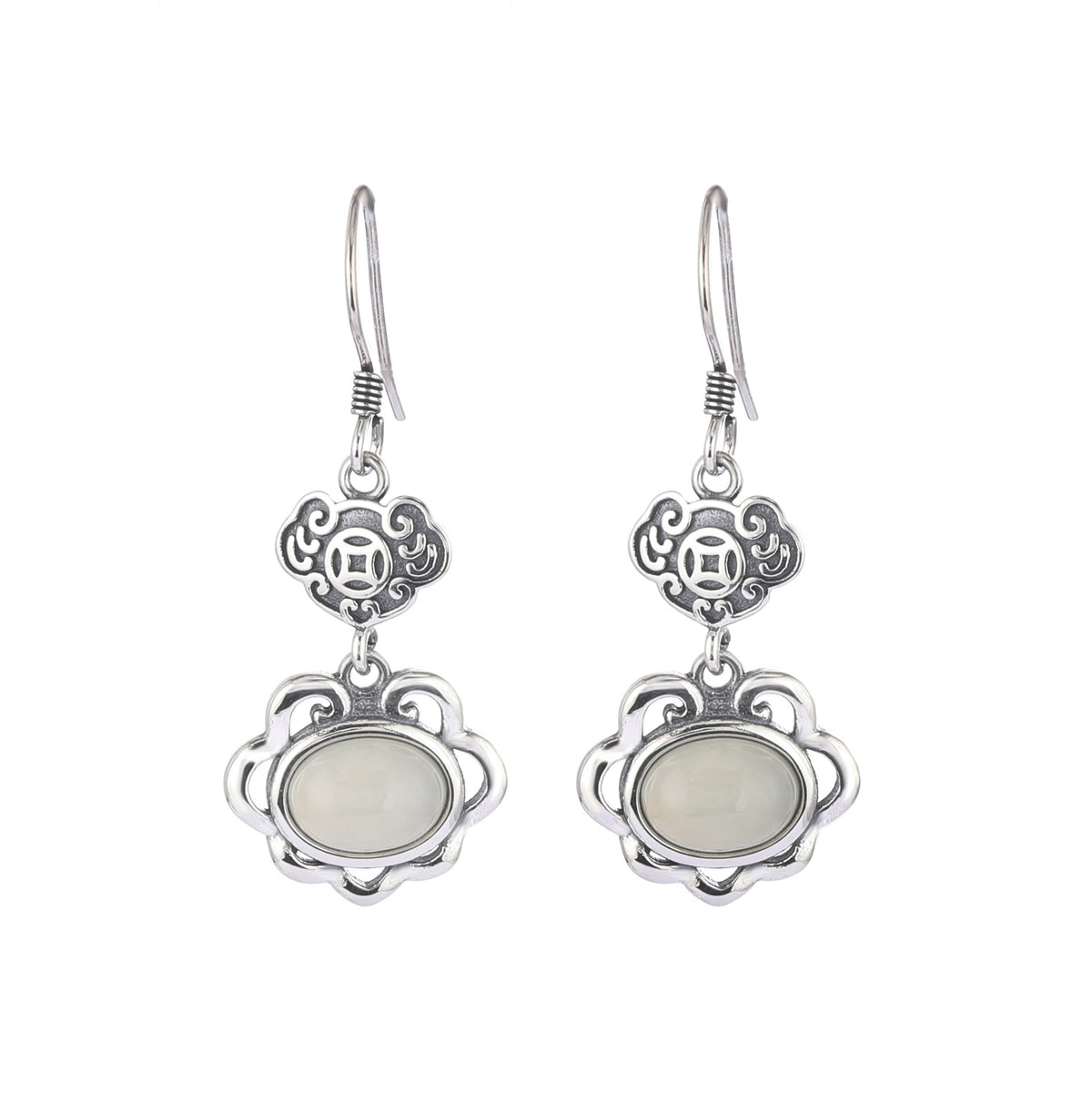 Auspicious Cloud Nephrite Jade or Red Agate S925 Silver Earrings-Wishes for Good Days