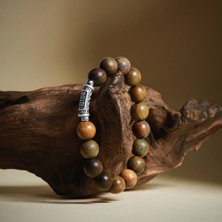 Good Fortune-Fine Silver Auspicious Blessing & Green Sandalwood Bead Bracelet