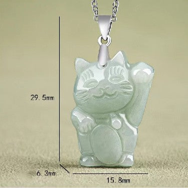 Maneki-neko White Jade Necklace-Lucky Fortune Waving Arm Cat