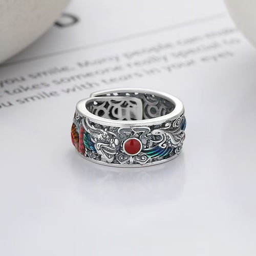 Dragon&Phoenix Enamel Silver Vintage Ring-Attract Luck