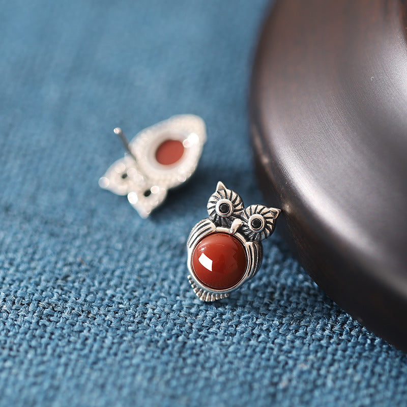 Quiet Wisdom-Owl Red Agate Sterling Silver Stud Earrings