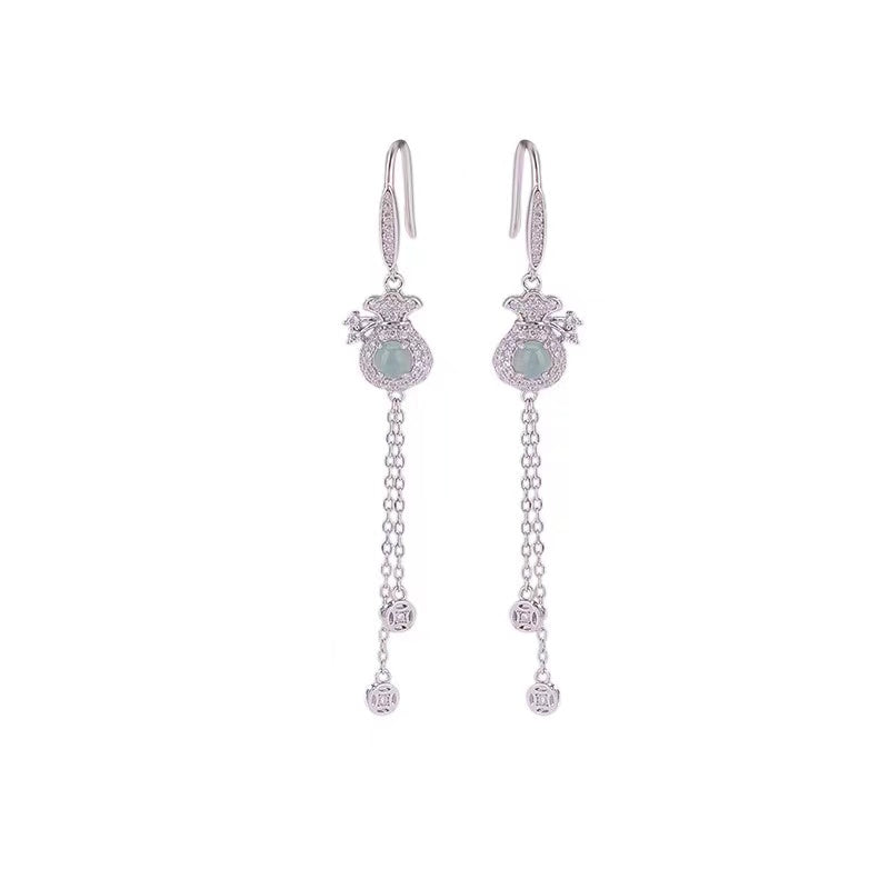 Ice Jade Money Bag Silver Drop Earrings-Luck Prosperity