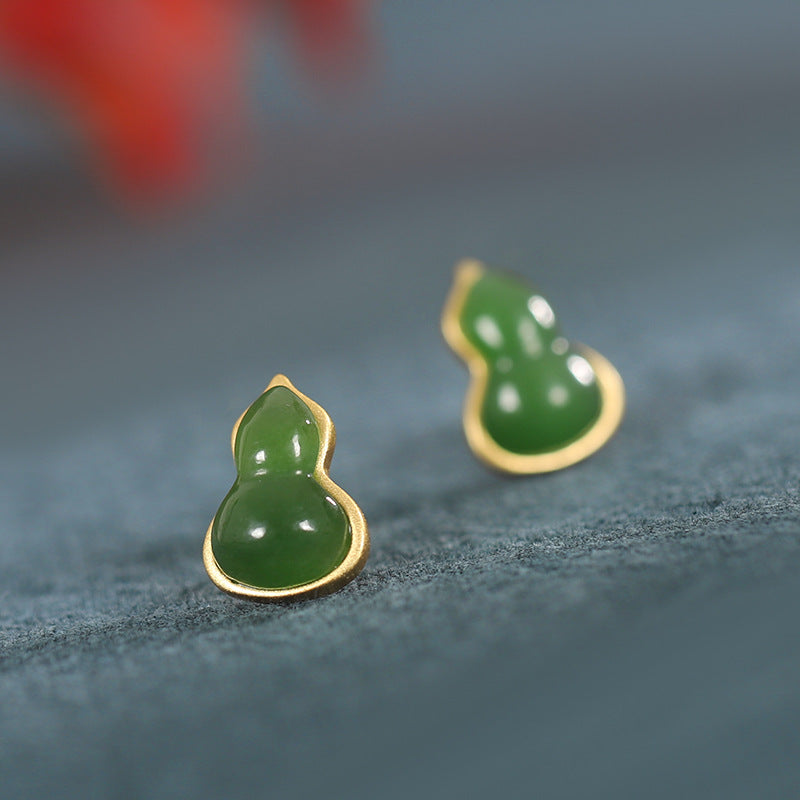 Gourd Nephrite Jade & Red Agate Stud Earrings-Blessings Close By