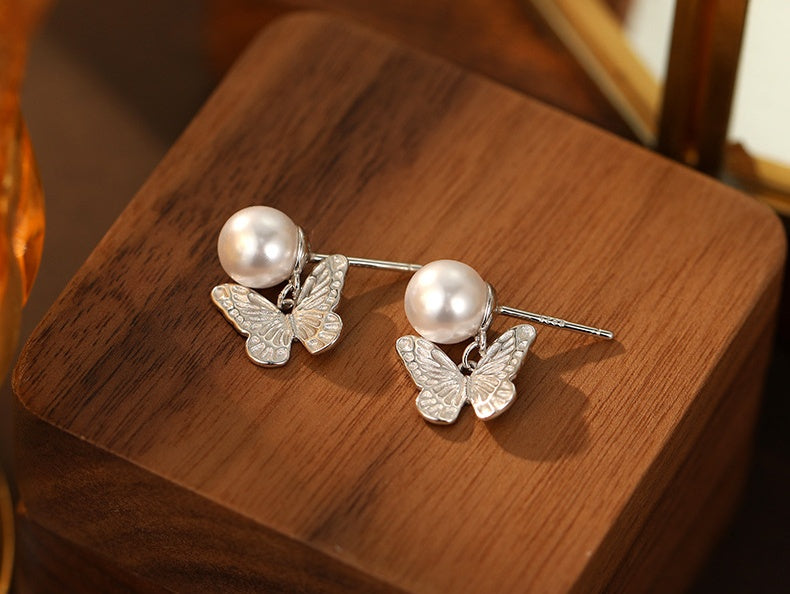 Ethereal Butterfly Pearl Silver Stud Earrings