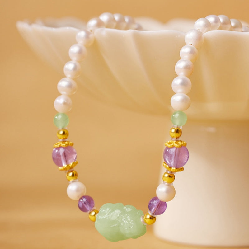 Pixiu Nephrite Jade and Freshwater Pearl Necklace-Welcoming Blessings