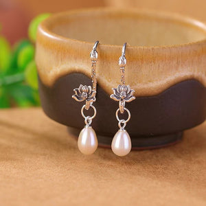 Silver Lotus Flower Pearl Earrings-Peace and Harmony