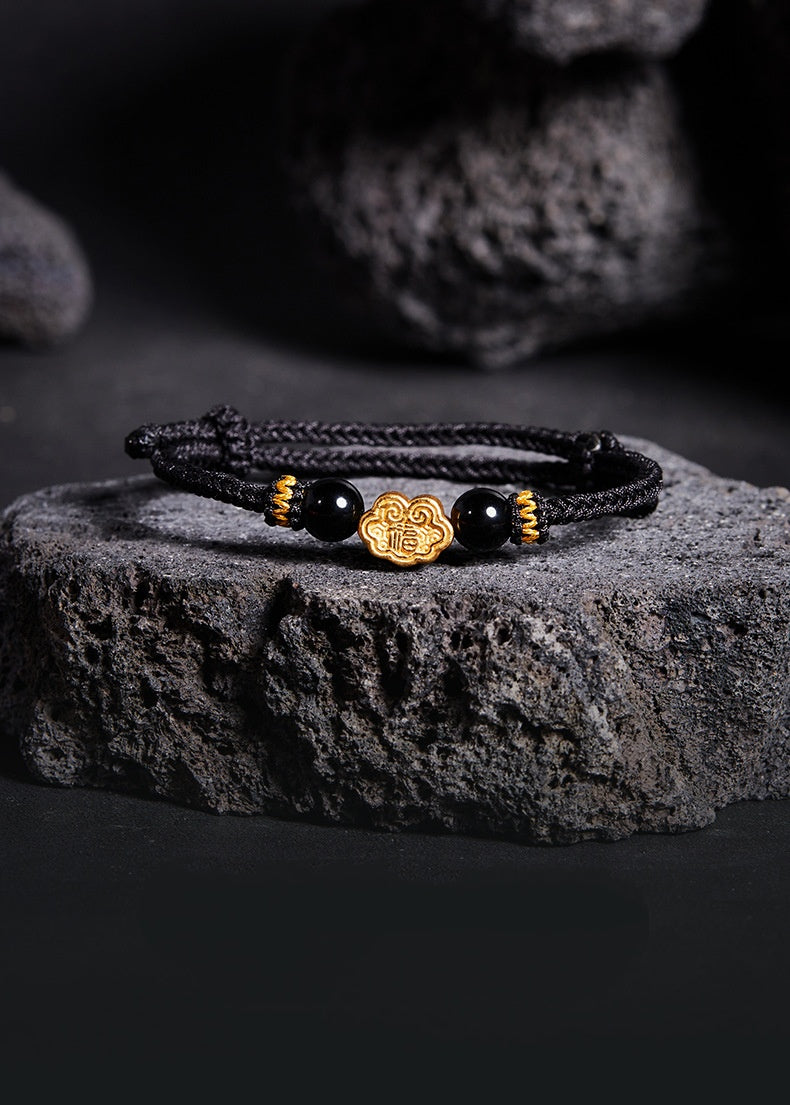 999 Sterling Silver & Obsidian Fortune Bracelet – Handmade Lucky Ruyi Knot Design