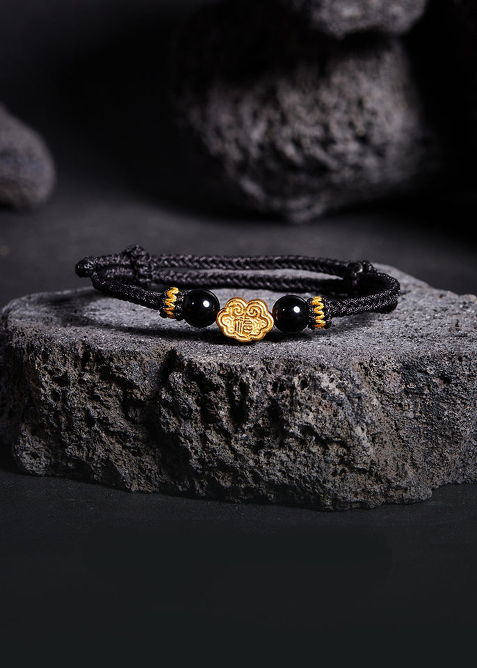 999 Sterling Silver & Obsidian Fortune Bracelet – Handmade Lucky Ruyi Knot Design