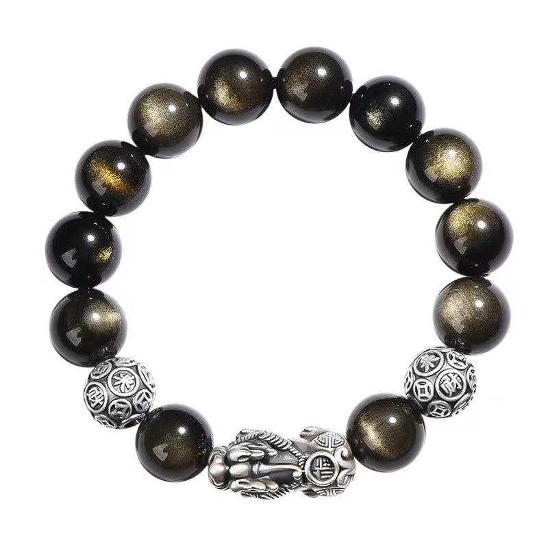 Silver Pixiu Gold Obsidian Bracelet -Attract Wealth