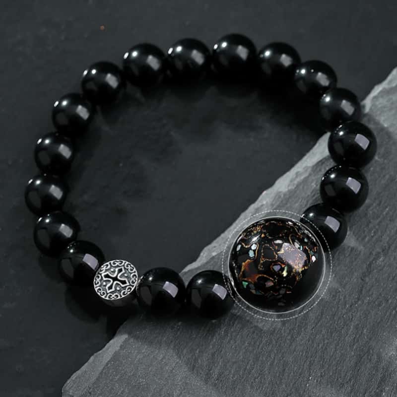 Steady Courage-Lacquered Ebony Bead Obsidian Bracelet