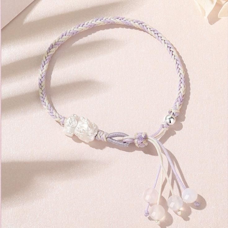 Peace and Joy-Pixiu Fine Silver and White Chalcedony Braided Bracelet