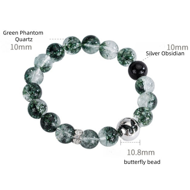 Green Phantom Quartz Bracelet with 925 Silver Butterfly – Crystal of Clarity, Growth & Good Fortune