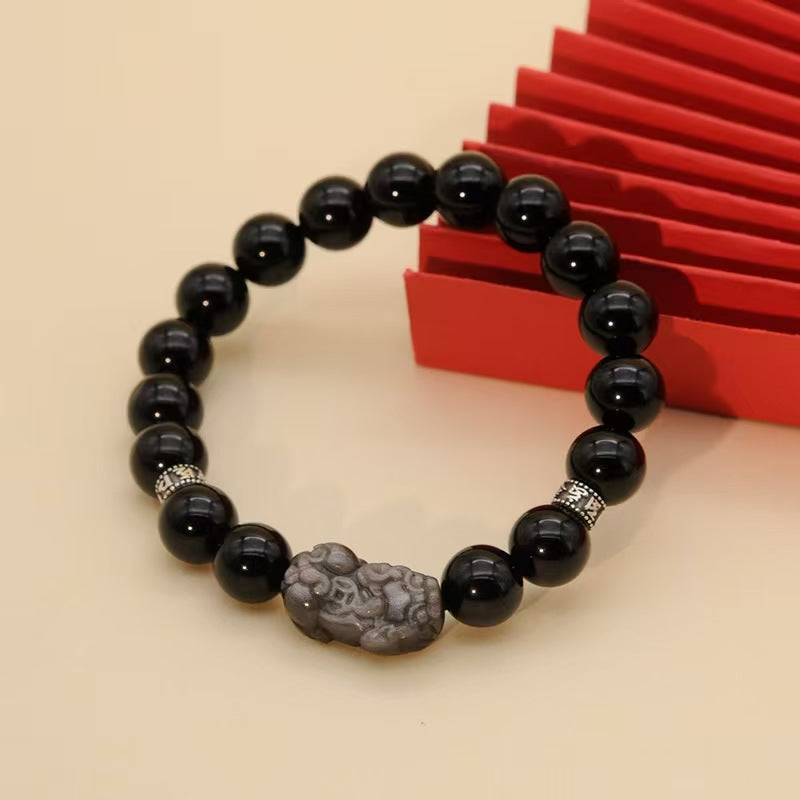 Silver Obisidian Pixiu Six True Words Bracelet-Attract Luck