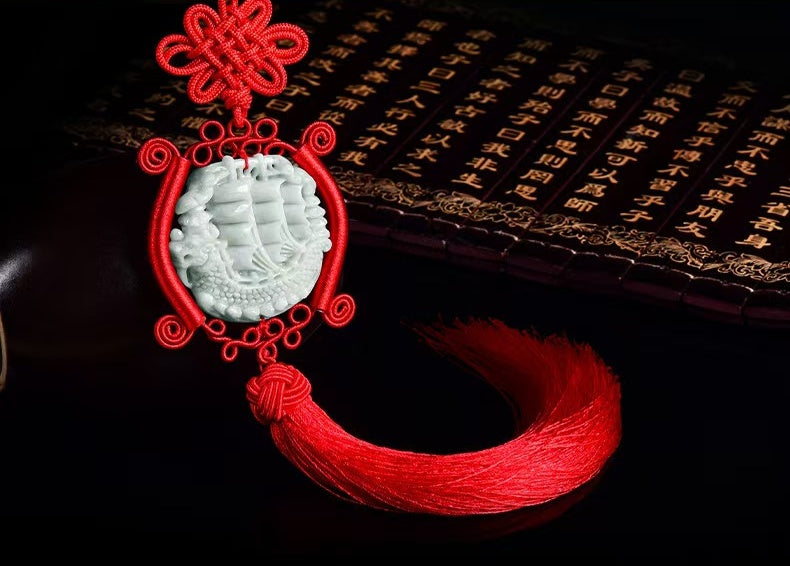 Jade Dragon Boat Car Hanging Ornament – Safe Journey & Success Charm with Red Tassel