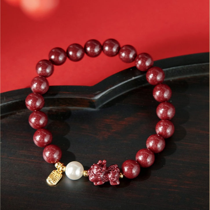 Pixiu Pressed Cinnabar Beaded Bracelet-Gathering Fortune