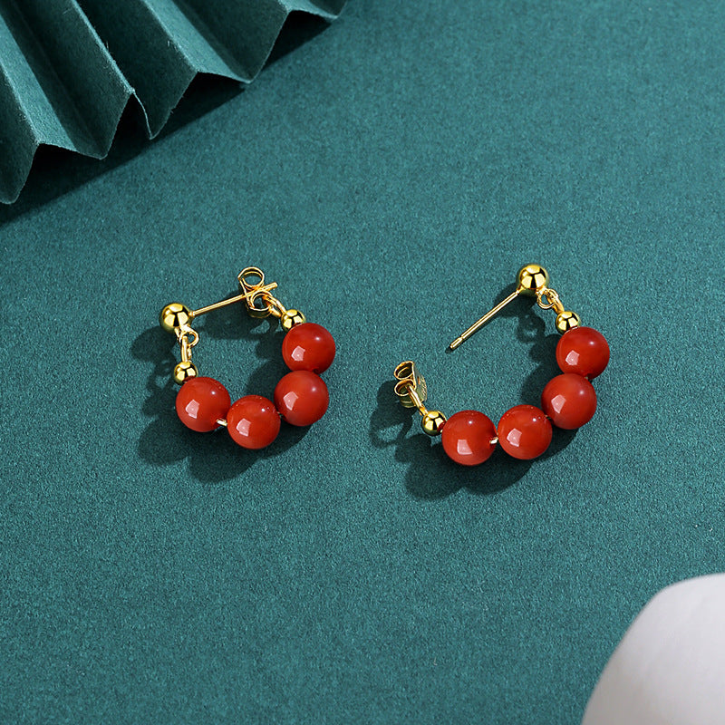 Beaded Nephrite Jade or Red Agate Hoop Earrings-Softly Self-Assured