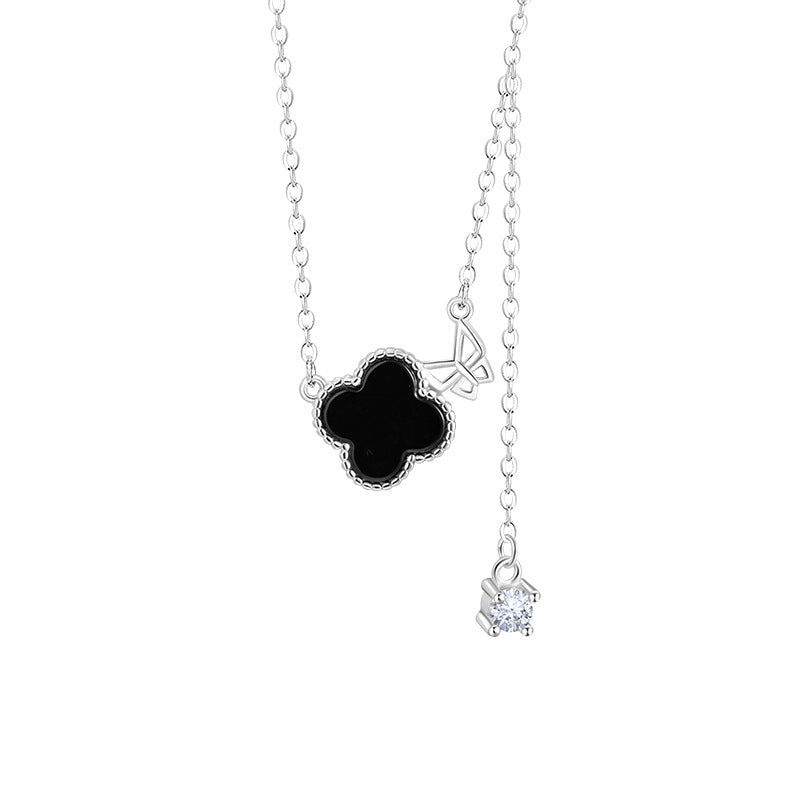 Clover and Butterfly Black Agate Necklace-A Tender Promise