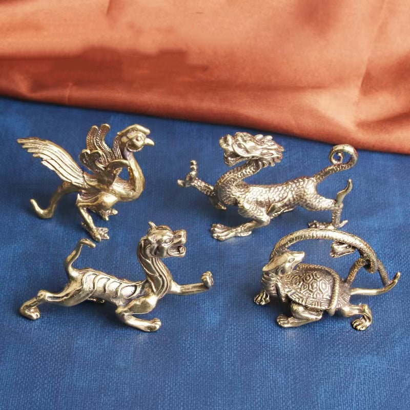 Azure Dragon White Tiger Vermilion Bird Black Tortoise Antique Brass Four Auspicious Creatures Set