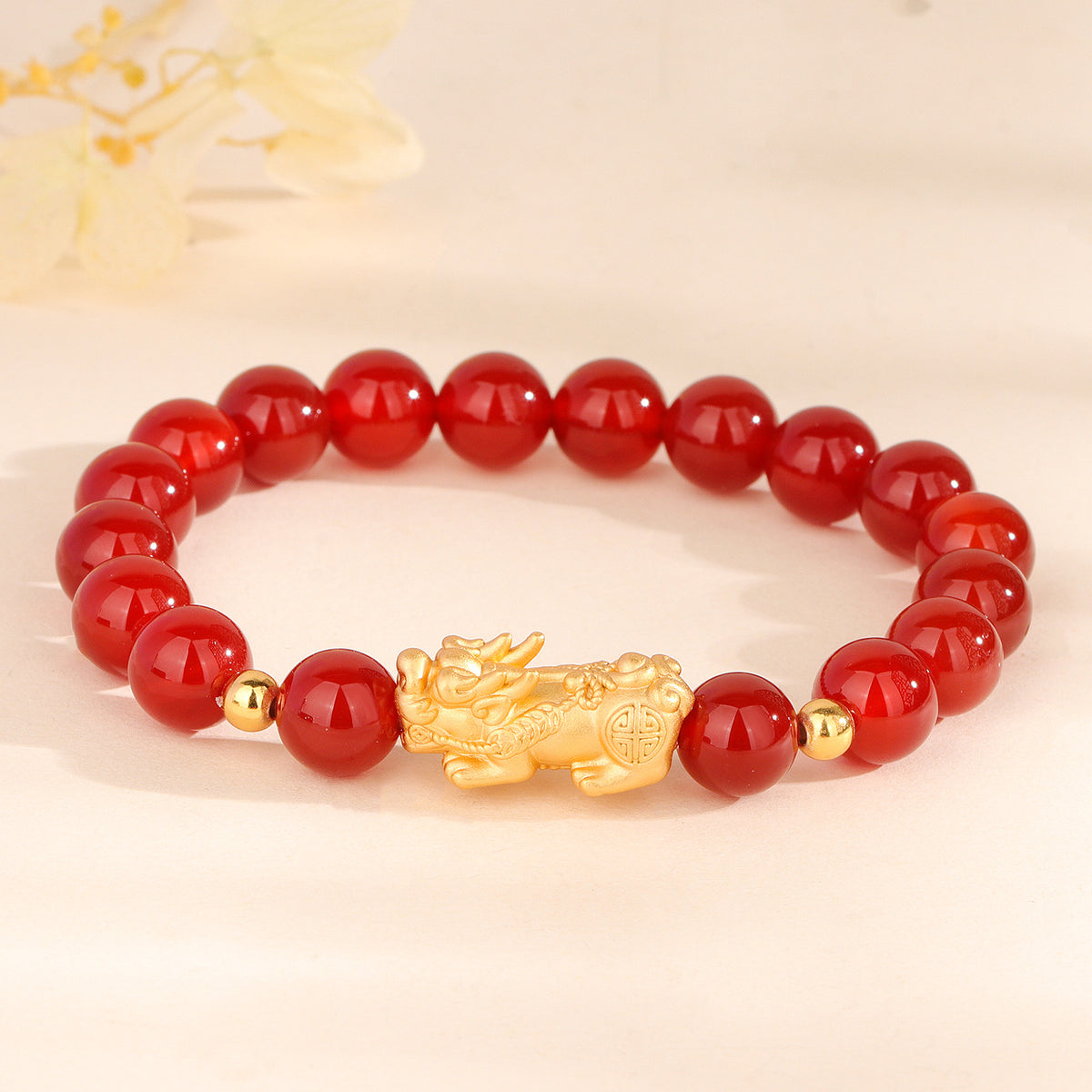 天然レッドアゲート ゴールドビーズ 貔貅 ブレスレット