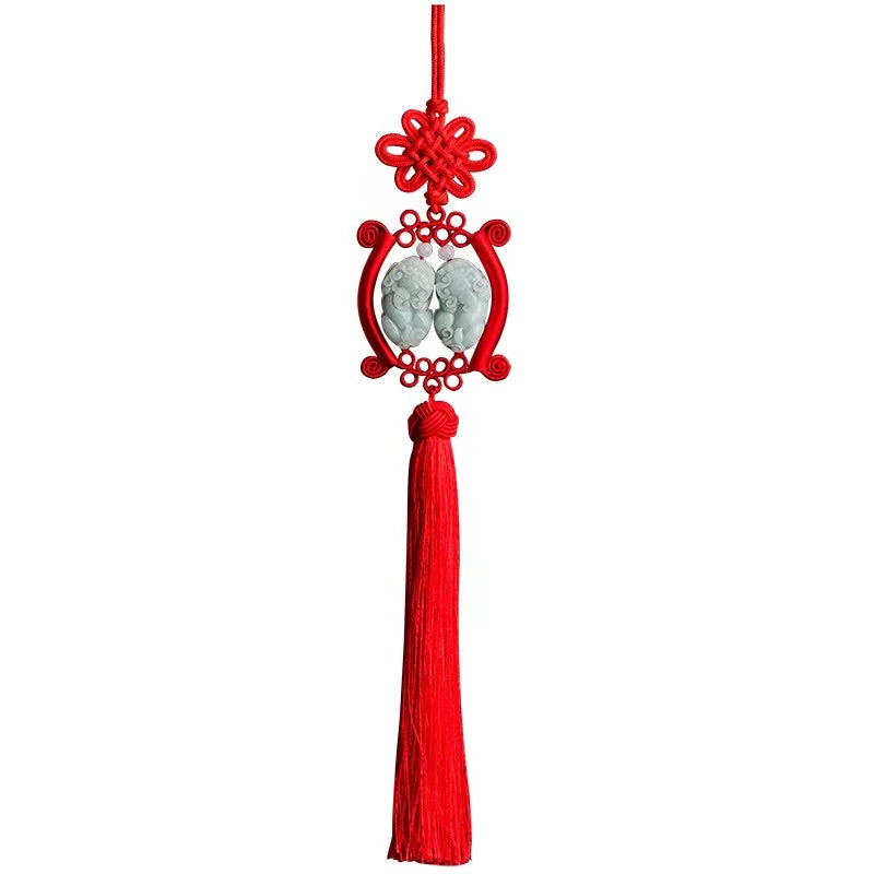 Double Pixiu Auto Hanging Ornament-Natural Jade