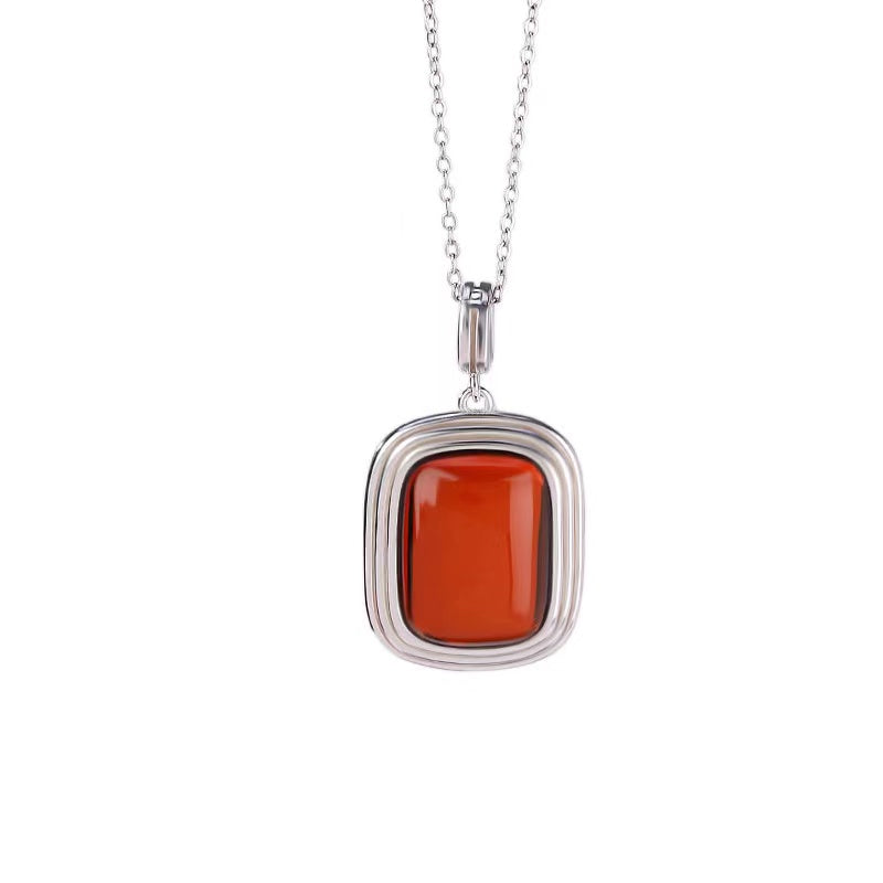 Natural Red Amber Pendant Silver Necklace-Luck Prosperity