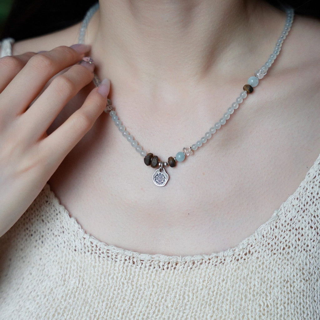 Aquamarine & Agarwood Wrap Bracelet Necklace-Morning Light