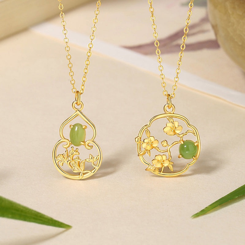 Fortune in Bloom-Floral & Gourd Green Jade Necklace