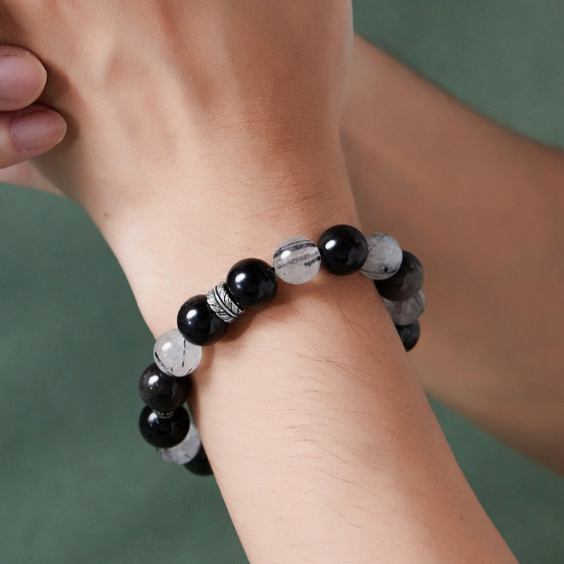 Feather Silver Sheen Obsidian & Black Rutilated Quartz Bracelet-Freedom and Inner Strength