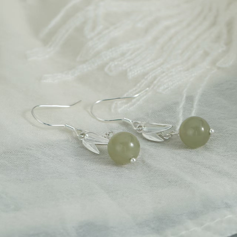 Bamboo Leaf Green Jade Drop Earrings – Gentle Harmony in 925 Sterling Silver