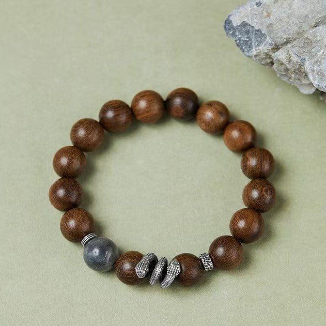 Silver Snake Sandalwood Bead Bracelet-Protection and Wealth