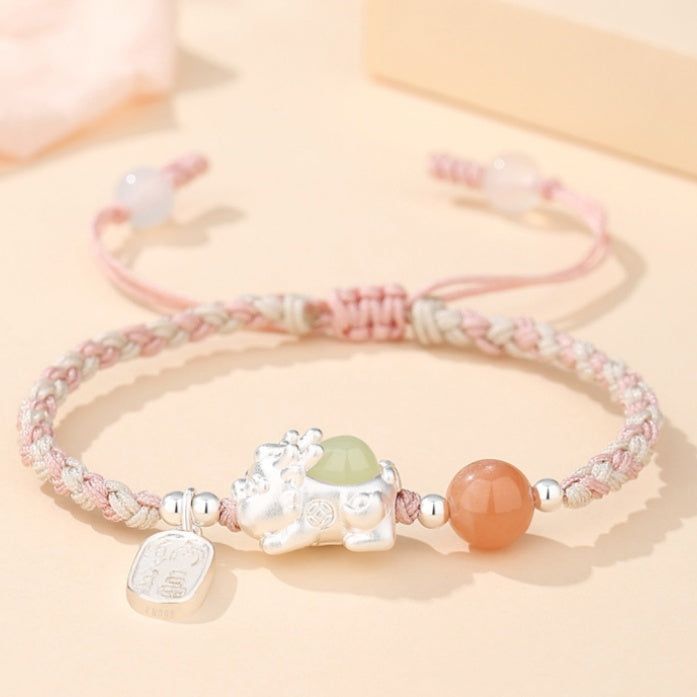 Pixiu Nephrite Jade Beaded Couple Cord Bracelet-Auspicious Protection